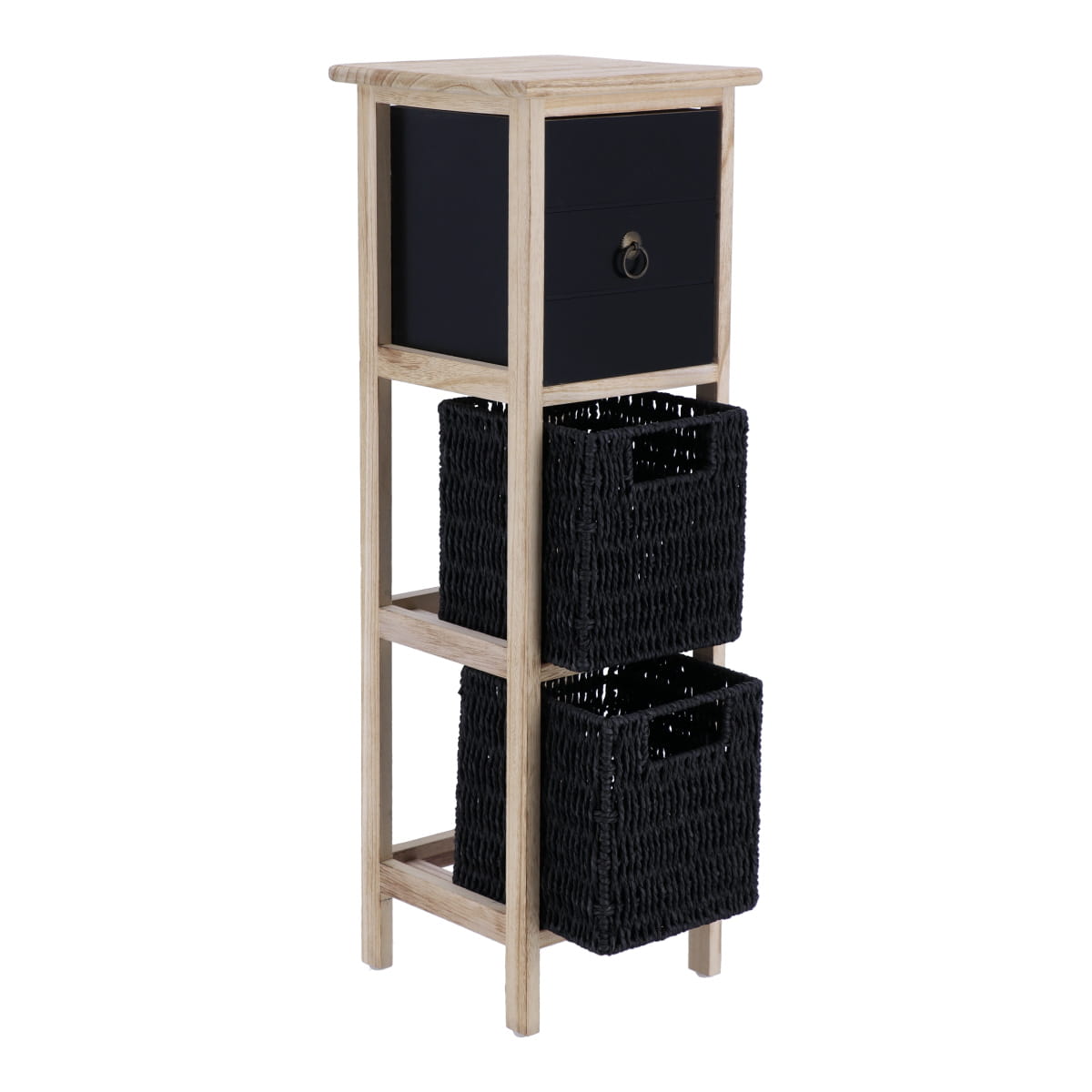 Paulownia/MDF Furniture with 1 Drawer, Black Knob and 2 Paper Baskets - Black/Natural