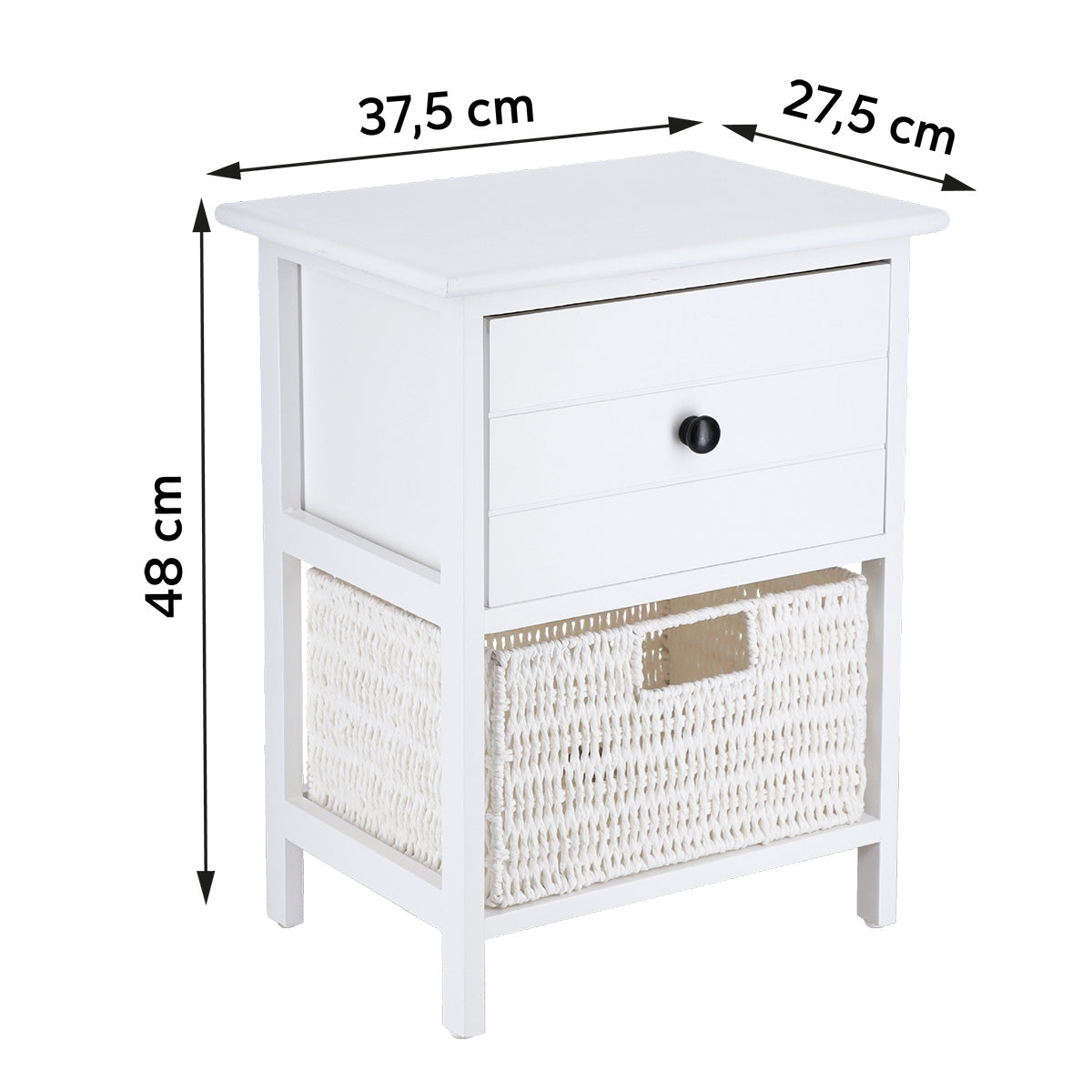 Small Paulownia/MDF Furniture with 1 Drawer, Black Knob and 1 Paper Basket - White