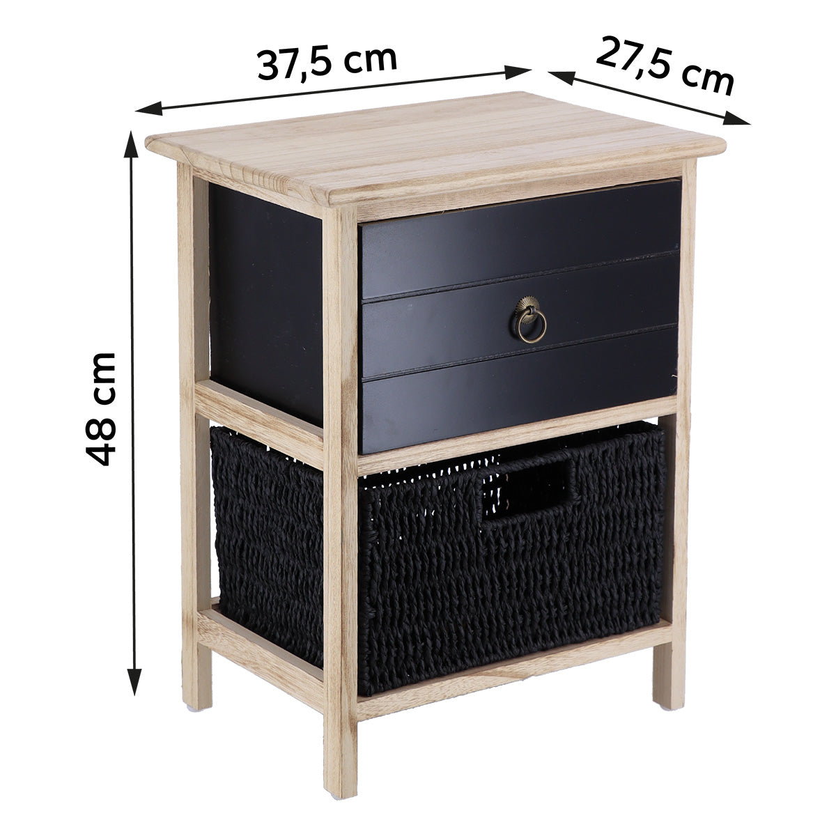 Small Paulownia/MDF Furniture with 1 Drawer, Black Knob and 1 Paper Basket - Black