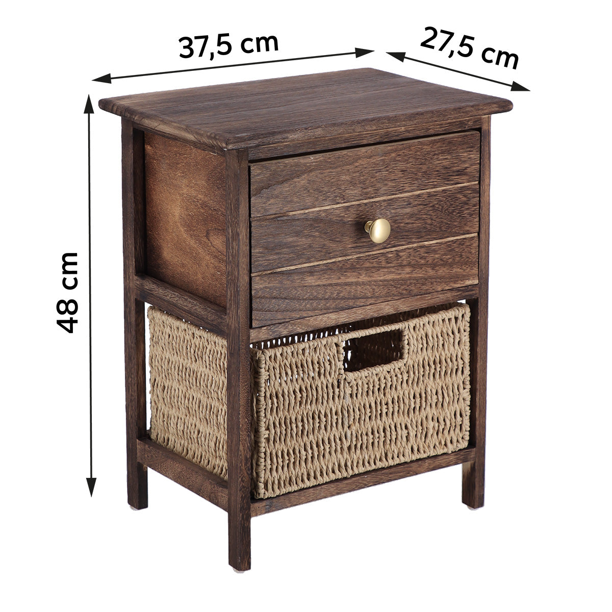 Small Furniture Made of Paulownia and MDF with 1 Drawer and 1 Paper Basket – Brown/Natural