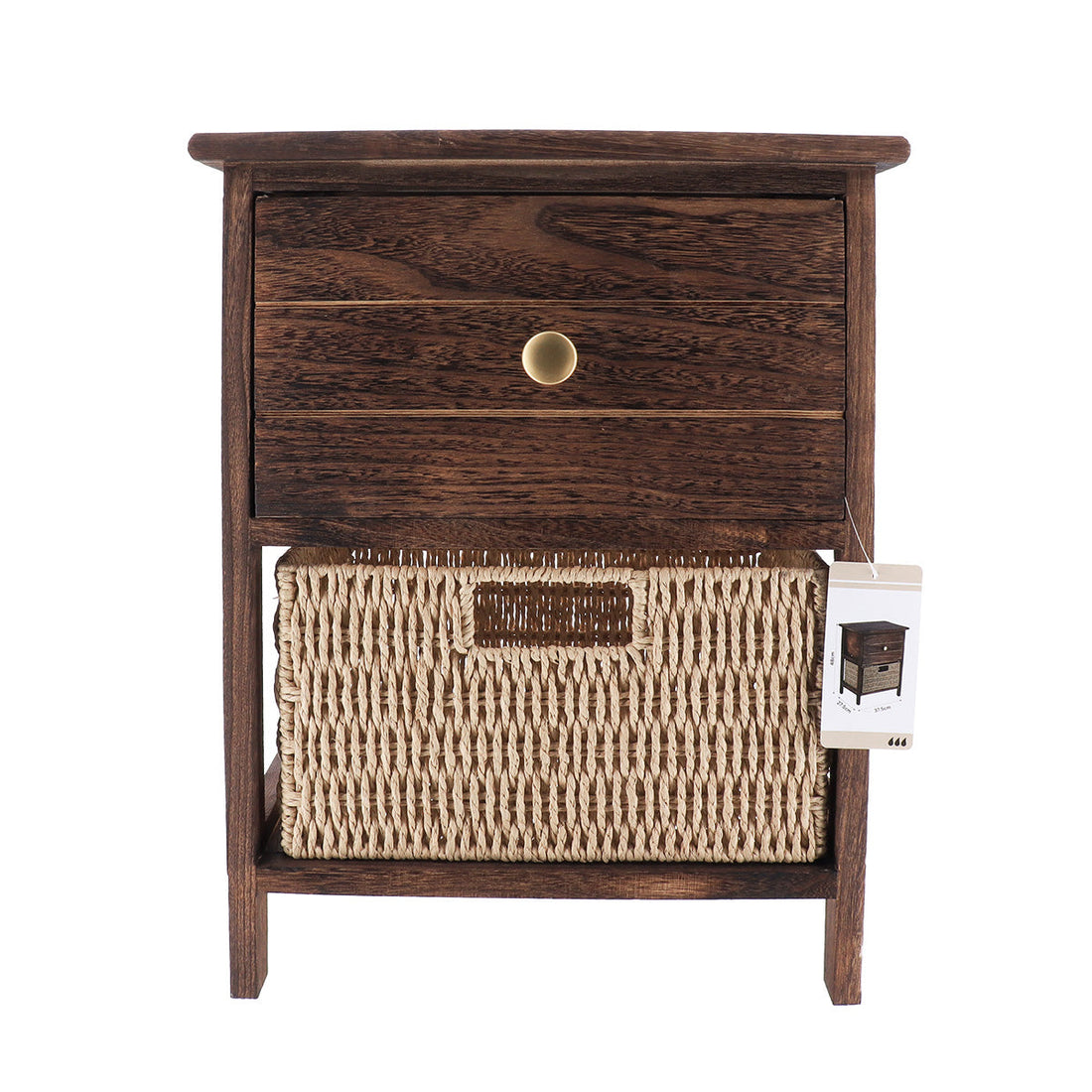 Small Furniture Made of Paulownia and MDF with 1 Drawer and 1 Paper Basket – Brown/Natural