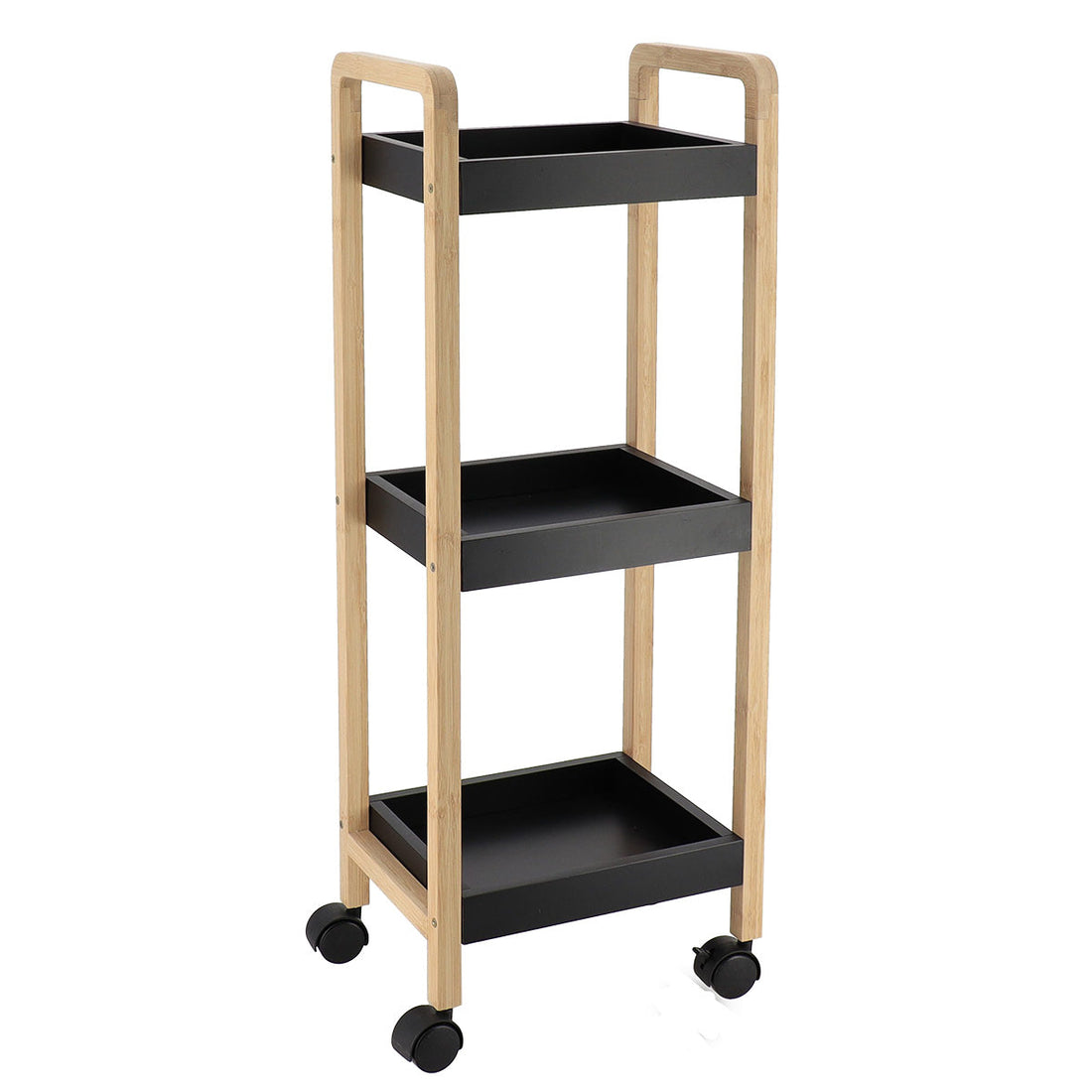 Bamboo+MDF sideboard on wheels with 3 shelves - Bamboo/Black 