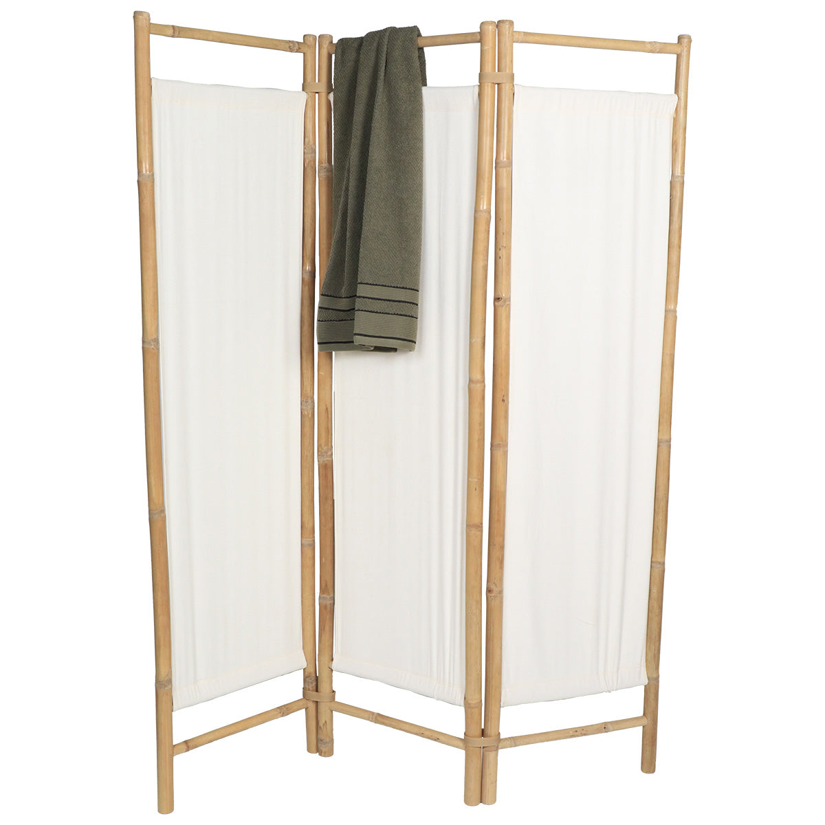Bamboo Folding Curtain with 3 Fabric Panels - Bamboo/White 
