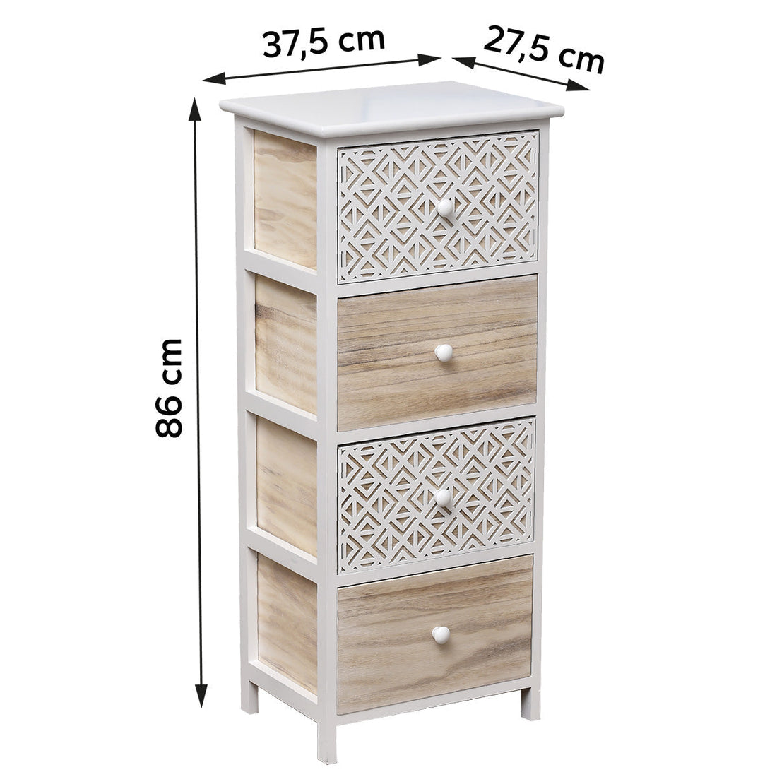 Paulownia Furniture - 4 Drawers with Metal Handles - White/Grey