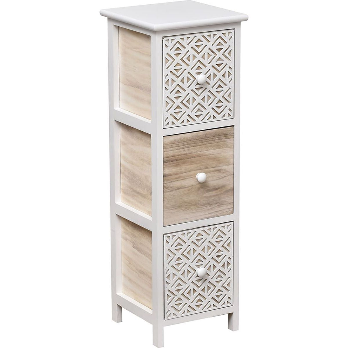 Paulownia Furniture with 3 Engraved Drawers and Wooden Handles – White/Natural