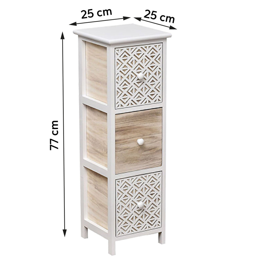 Paulownia Furniture with 3 Engraved Drawers and Wooden Handles – White/Natural