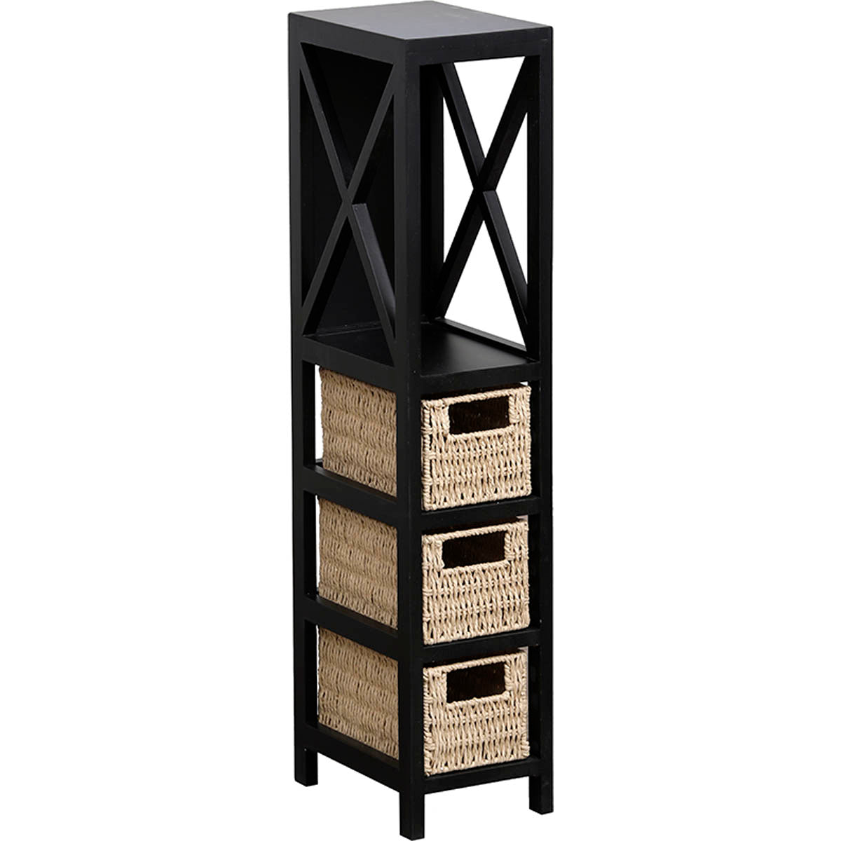 Black MDF Furniture with 1 Shelf + 3 Woven Paper Baskets - Black/Natural