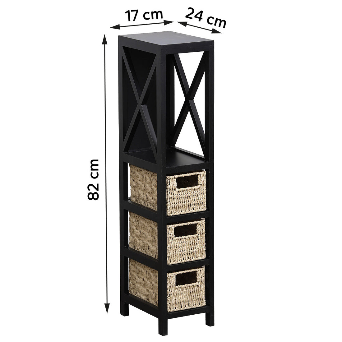Black MDF Furniture with 1 Shelf + 3 Woven Paper Baskets - Black/Natural