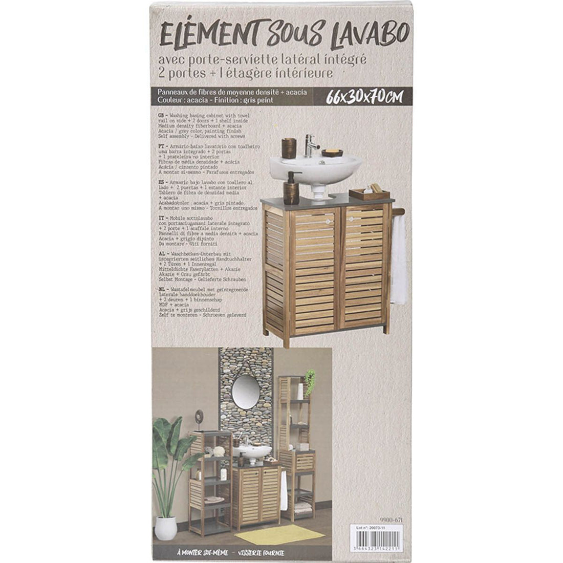 Acacia and MDF Sink Cabinet with 2 Doors + 1 Interior Shelf + Side Towel Rack - Element