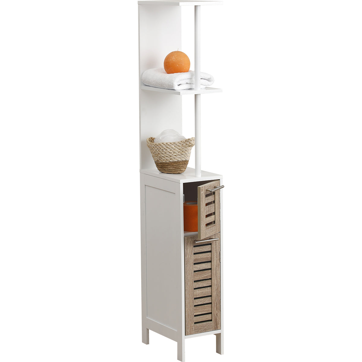 White MDF storage column, 2 shelves, 2 oak doors - Stockholm